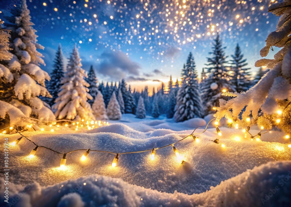 Sparkling Winter Wonderland: Enchanting Snowy Landscape with Twinkling Holiday Lights and Glistening Snow, Perfect for Seasonal Celebrations and Winter Photography Sparkling Winter Wonderland: Enchanting Snowy Landscape with Twinkling Holiday Lights and Glistening Snow, Perfect for Seasonal Celebrations and Winter Photography