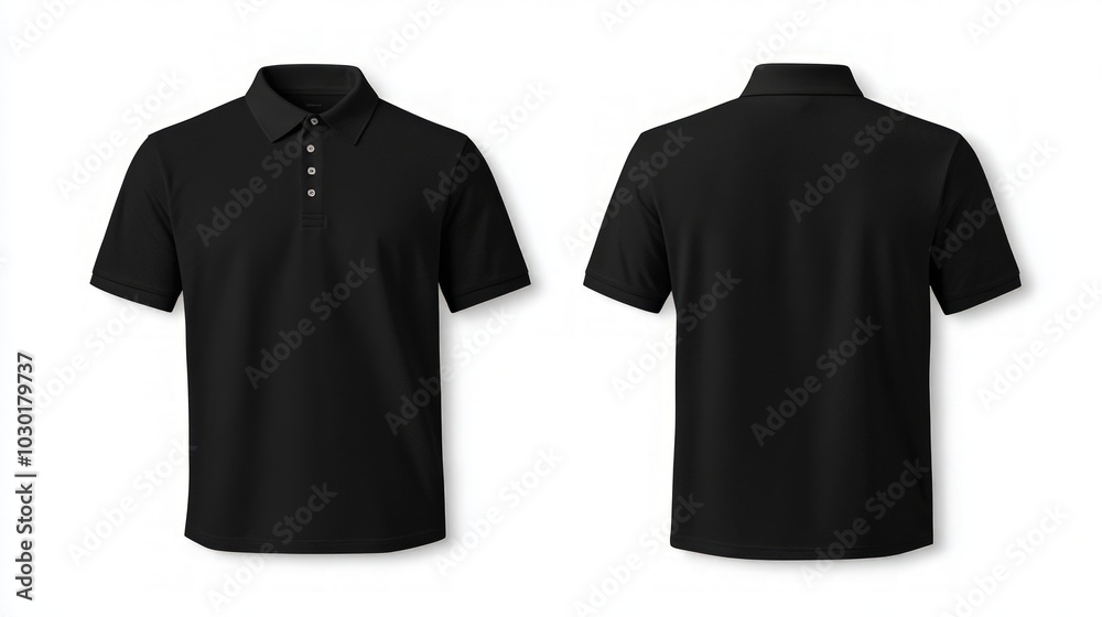 Black polo shirt mockup, showcasing front and rear views against a white background, ideal for apparel design presentations and promotional materials. Black polo shirt mockup, showcasing front and rear views against a white background, ideal for apparel design presentations and promotional materials.