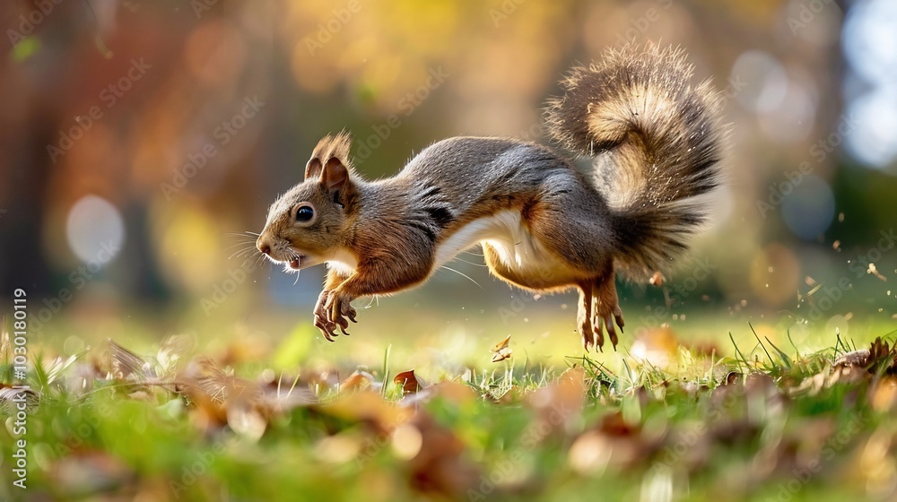 Squirrel in Mid-Air Leap Through Autumnal Foliage
