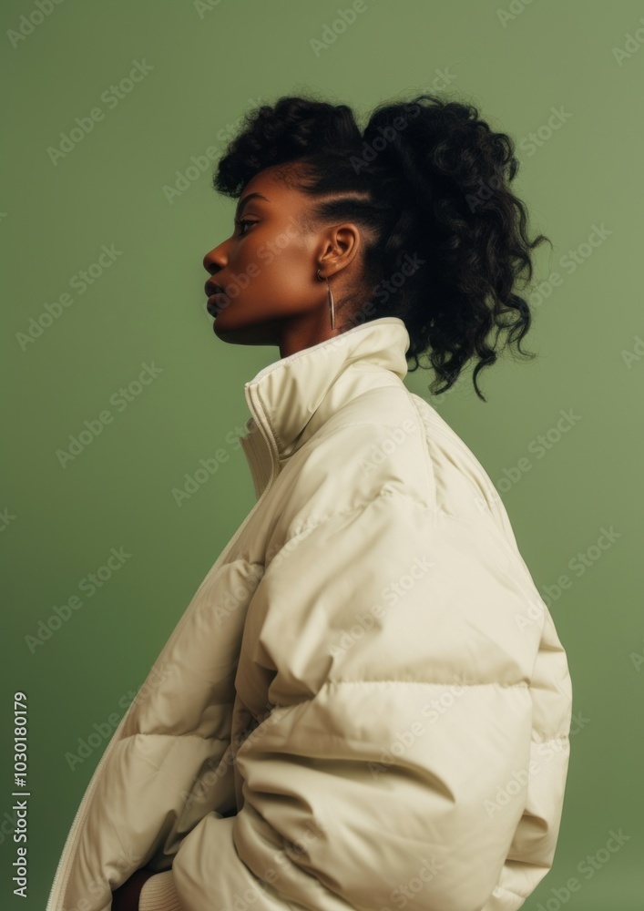 Black woman wearing a white puffer jacket portrait adult photo.