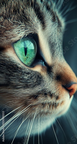 Close-up view of a cat's striking green eye revealing its intricate details a...