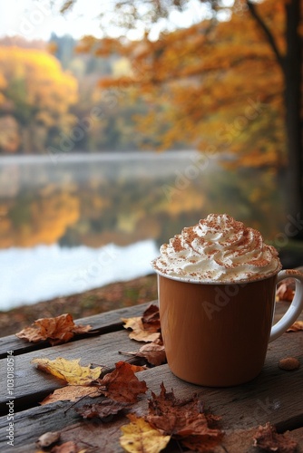 A warm cup of spiced pumpkin latte with whipped cream and autumn scenery in t...