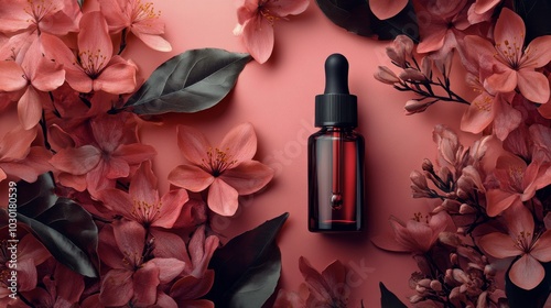Elegant beauty serum bottle surrounded by blooming pink flowers on a soft pas...