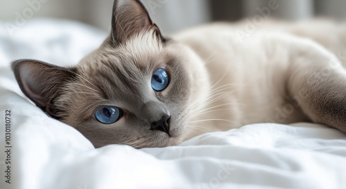 A serene cat with striking blue eyes rests comfortably on a soft white bedspr...