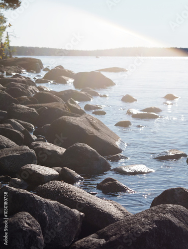 A rocky shoreline with a body of water in the background. The water is calm and the rocks are scattered throughout the area.