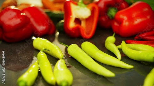 Background slow motion green chili peppers falling on the table. Fresh vegetables for cooking delicious dishes. High quality FullHD footage