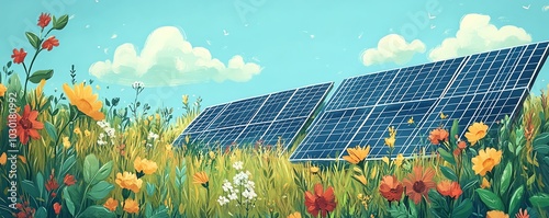 Here are 10 SEOoptimized prompts for a handdrawn illustration featuring solar panels with plants and a rural backdrop photo