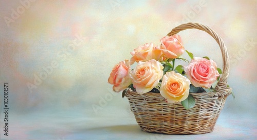 Delicate pale roses arranged in a wicker basket on a soft pastel background i...