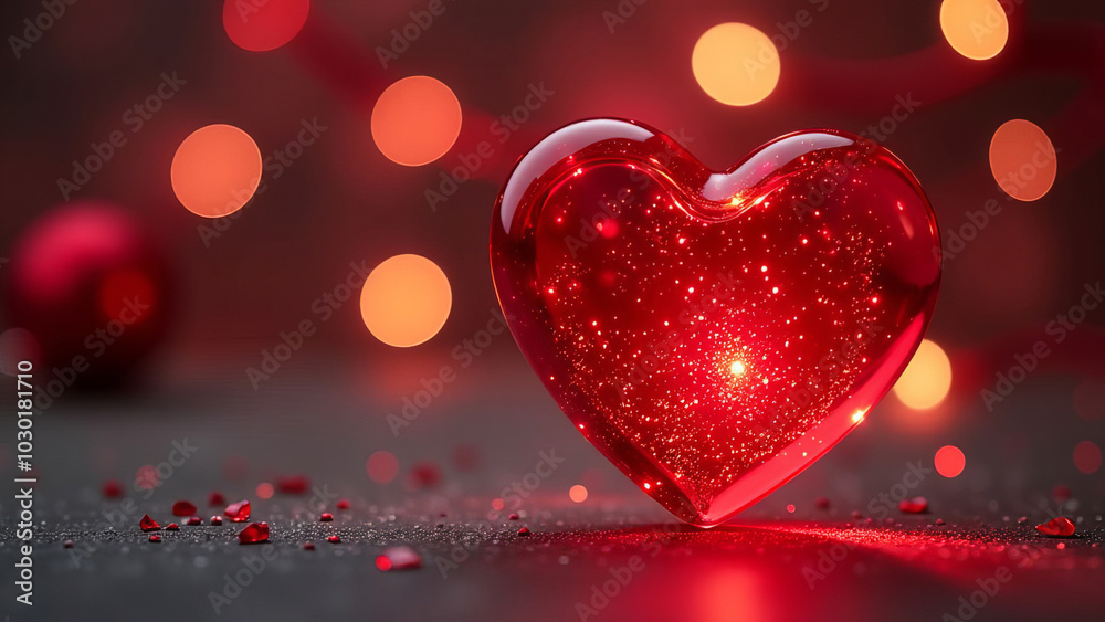 Volumetric transparent glass red heart, glowing from the inside, on a festive background Volumetric transparent glass red heart, glowing from the inside, on a festive background