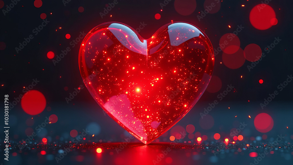 Volumetric transparent glass red heart, glowing from the inside, on a festive background Volumetric transparent glass red heart, glowing from the inside, on a festive background