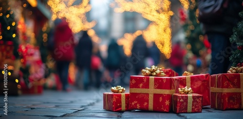 Colorful holiday gifts on a festive street decorated with warm lights during ...