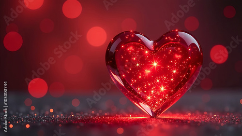 Volumetric transparent glass red heart, glowing from the inside, on a festive background