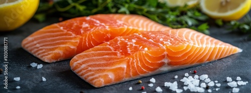 Fresh salmon fillets prepared with herbs and garnished with lemon slices and ...