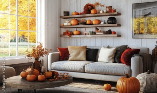 Cozy autumn living room decorated with pumpkins and warm colors in a sunlit s...
