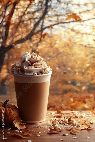 A warm cup of spiced pumpkin latte with whipped cream and autumn scenery in t...