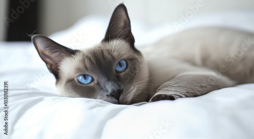 A serene cat with striking blue eyes rests comfortably on a soft white bedspr...