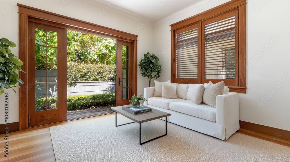 Stylish open concept living room with folding doors opening to a vibrant summer garden oasis. Stylish open concept living room with folding doors opening to a vibrant summer garden oasis.