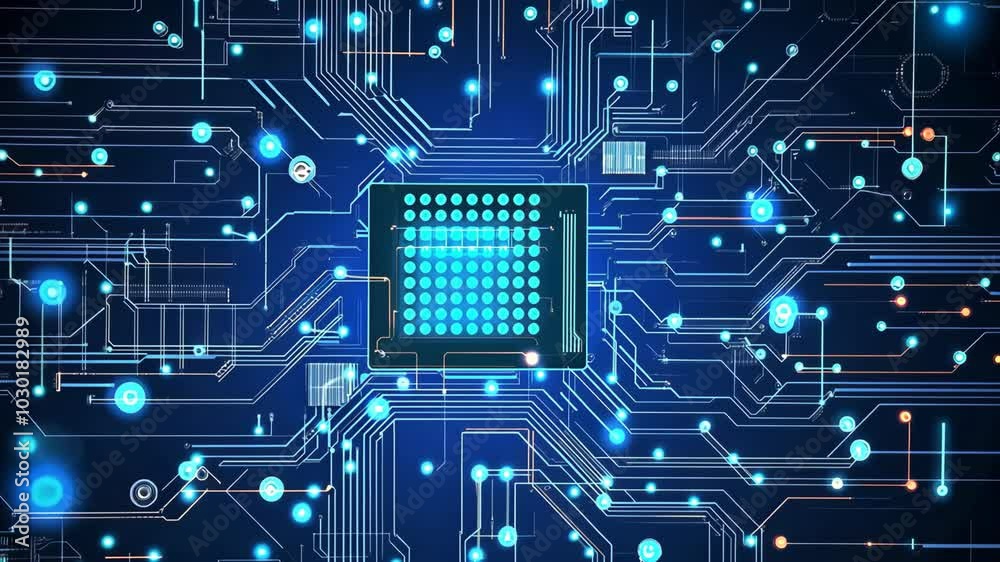 A close-up of a circuit board with a central processor illuminated by blue light A close-up of a circuit board with a central processor illuminated by blue light
