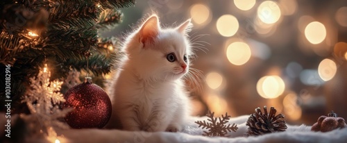 Adorable fluffy white kitten sitting near a festive Christmas tree with twink...
