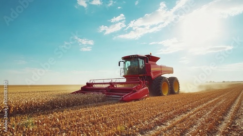 Autumn Harvest, a red combine harvester efficiently working in a soybean field under a vibrant sunset sky, embodying the essence of seasonal agricultural activity photo