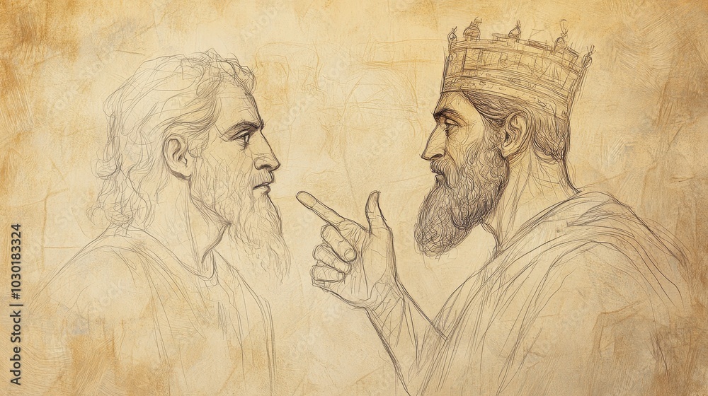 Fototapeta premium Confident Daniel Explaining the Dream to Listening King Nebuchadnezzar with His Face Slowly Softening Modern Minimalist Wall Art Sketch from Biblical Times