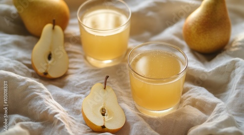 Refreshing pear juice served in glasses alongside fresh pears on a beige line...