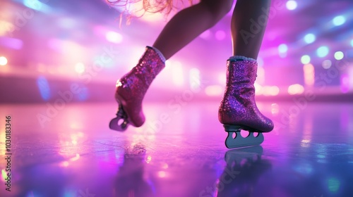 Retro roller skating rink with vibrant disco lights, showcasing funky fashion styles, capturing the lively atmosphere of the 1980s party scene. photo