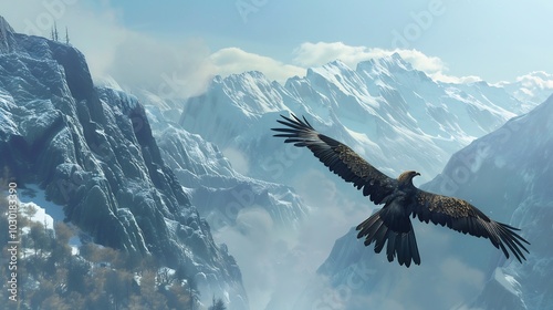 Eagle Soaring Over Snowy Mountains