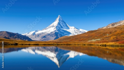 Stunning glacier-capped mountain mirrored in a serene lake under a bright blue sky, perfect for text overlay.