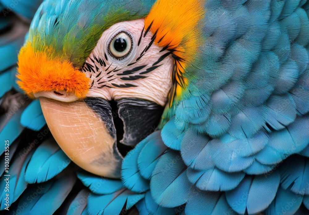Obraz premium Vibrant macaw perched quietly, showcasing its colorful feathers in a natural habitat setting
