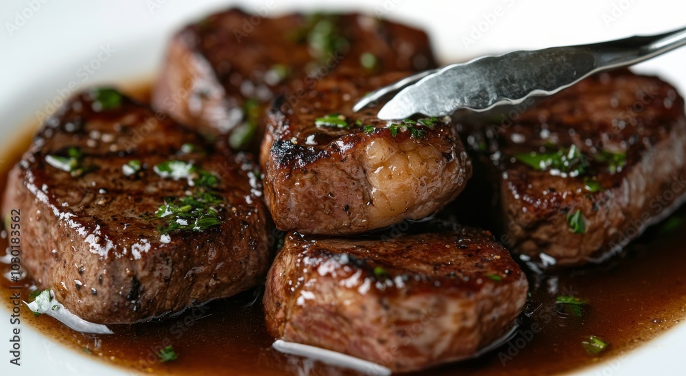 Savory grilled steak strips served on a white plate with rich sauce and herbs Savory grilled steak strips served on a white plate with rich sauce and herbs