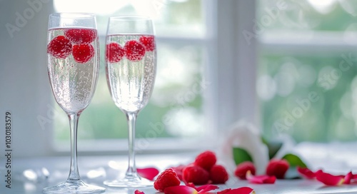 Elegant champagne glasses with raspberries in a cozy setting during a romanti...