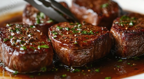 Savory grilled steak strips served on a white plate with rich sauce and herbs