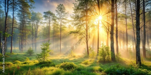 misty morning forest spring sun back close up