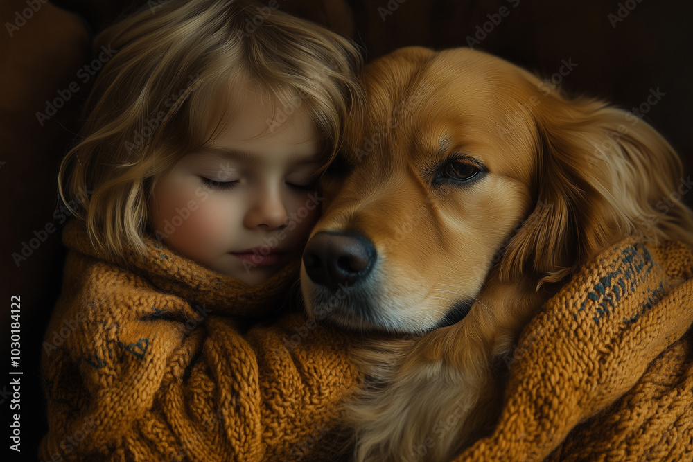 Child and their dog taking a nap together on a comfy blanket, relaxed and loving.A girl joyfully hugs a cute dog wrapped in a blanket Child and their dog taking a nap together on a comfy blanket, relaxed and loving.A girl joyfully hugs a cute dog wrapped in a blanket