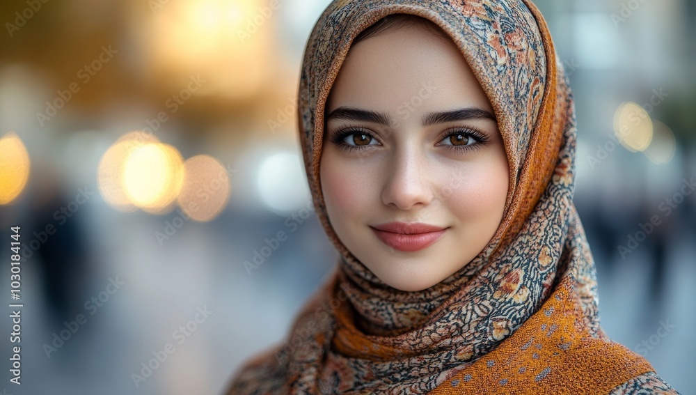 Stylish orange hijab worn by a happy Muslim woman Stylish orange hijab worn by a happy Muslim woman