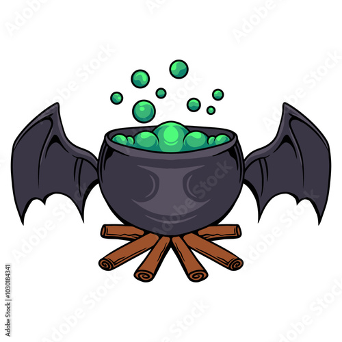 Witch cauldrons with magic potions and elixir boiling cartoon halloween background