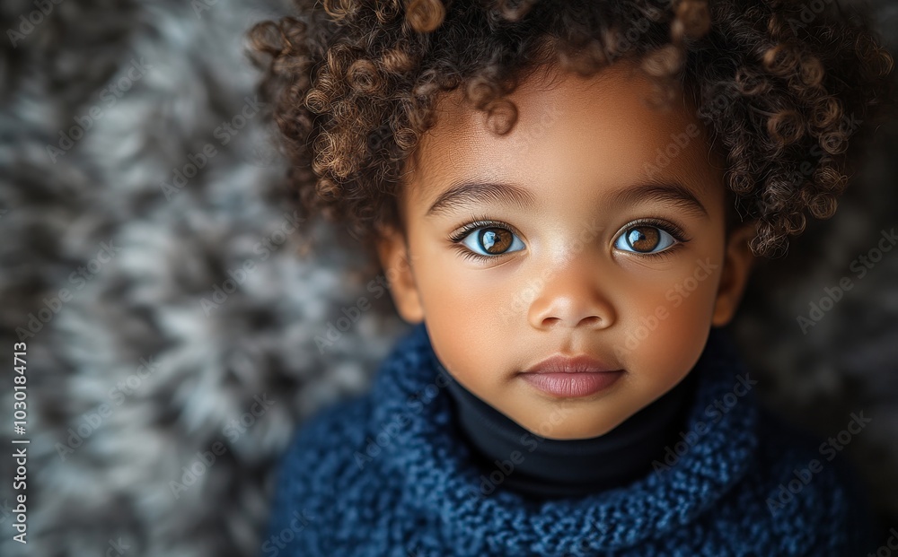 The portrait of a child with curly hair wearing a sweater shows a young multiracial child The portrait of a child with curly hair wearing a sweater shows a young multiracial child