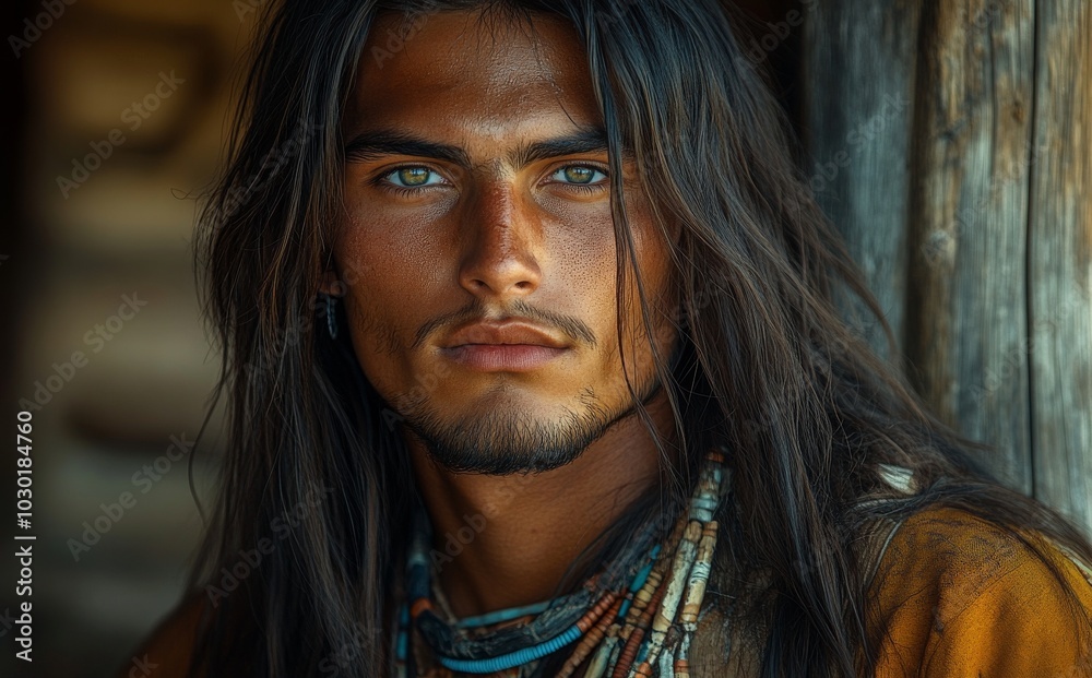 Brown-jacketed multiracial man with long hair Brown-jacketed multiracial man with long hair