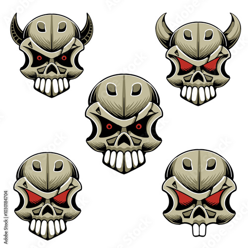 collection Skull mascot cartoon minimalist set