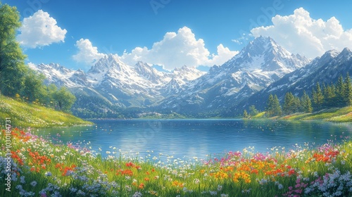 Created using AI algorithms, this photo shows a lake landscape with clear blue water against a forest and mountains background