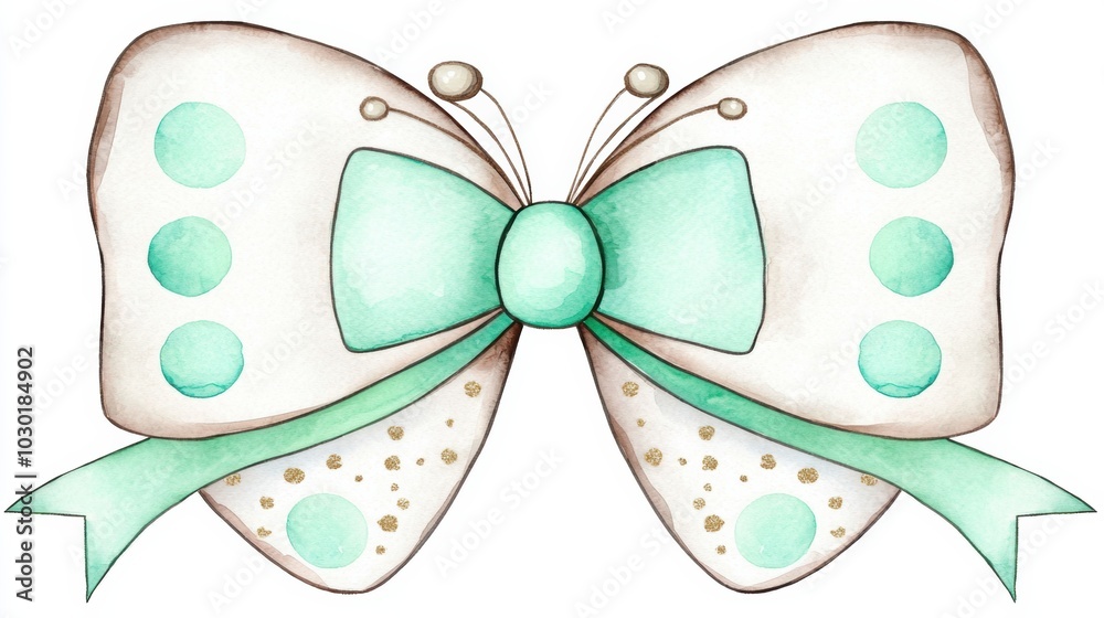 Fototapeta premium Soft Mint Butterfly with Polka Dots and Ribbon Design
