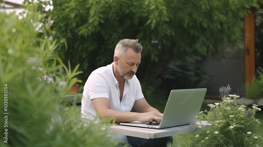 Man Working on Laptop in a Green Garden Man Working on Laptop in a Green Garden