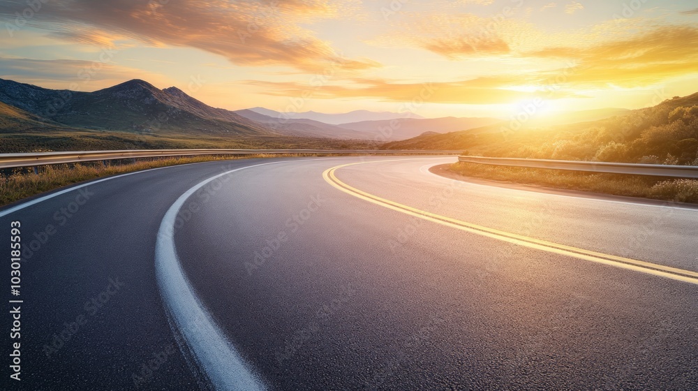 Fototapeta premium Curved Highway at Sunset, asphalt road winding through mountains under a golden sky, capturing the serene beauty of nature's transition from day to night.