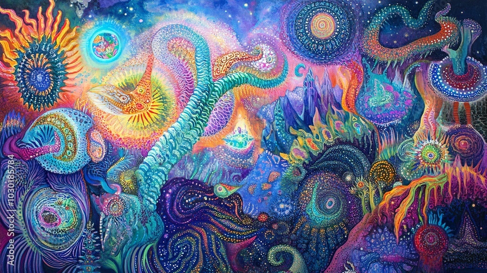 Visionary exploration of astral planes where spiritual energies merge with cosmic patterns in a luminous dream world Visionary exploration of astral planes where spiritual energies merge with cosmic patterns in a luminous dream world