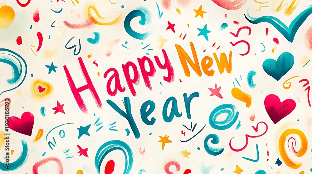 Happy New Year in quirky, curly letters with a mix of bright colors like pink, turquoise, and yellow, swirls and looping lines weaving around the text, Happy New Year in quirky, curly letters with a mix of bright colors like pink, turquoise, and yellow, swirls and looping lines weaving around the text,