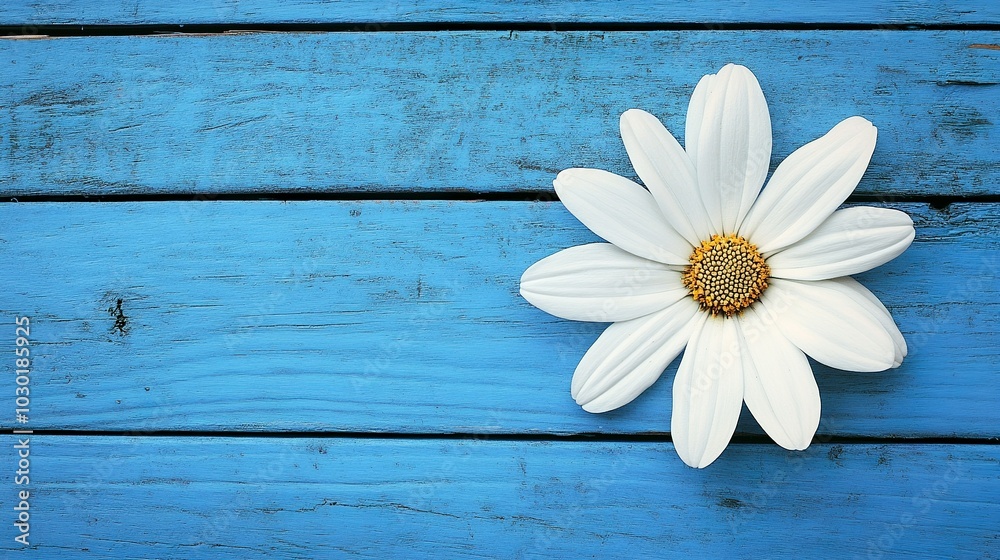Obraz premium White flower on blue wooden background from top view