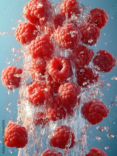 A splash of fresh raspberries, bursting with juicy goodness! This photo is perfect for a summery, healthy food, or beverage theme.