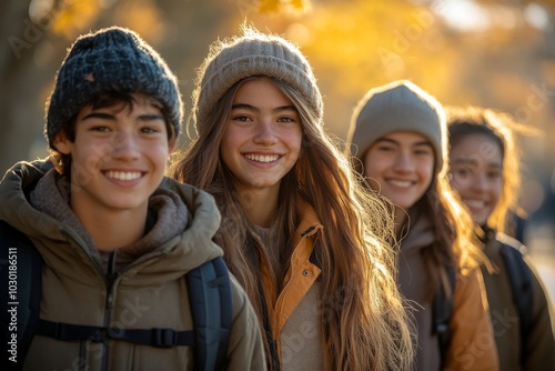 Friend, tree and light in a park for outdoor adventure, vacation or bonding. Light, flair, and people with happiness outside for friendship, support or a weekend break.