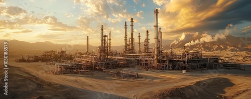 An oil refinery in a desert setting.